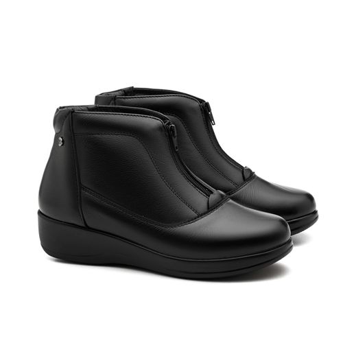 Bota Cano Curto Couro Nobre Preto Feminino — Zíper no Peito do Pé e Palmilha Anti-Impacto - 155