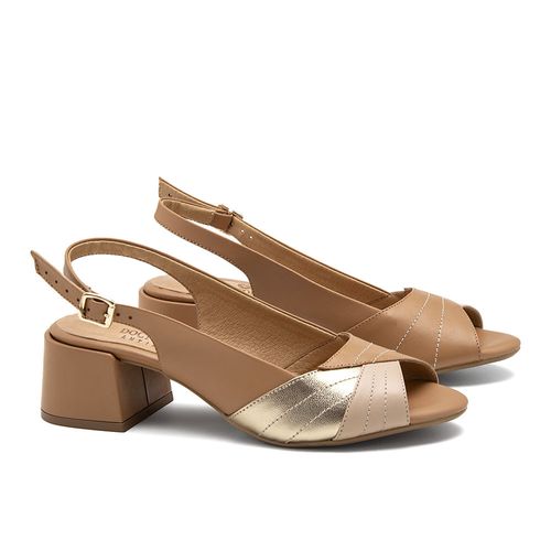 Sandália Couro Nobre Caramelo e Ouro Light Feminino — Tiras Cruzadas e Palmilha Couro Natural - 57110
